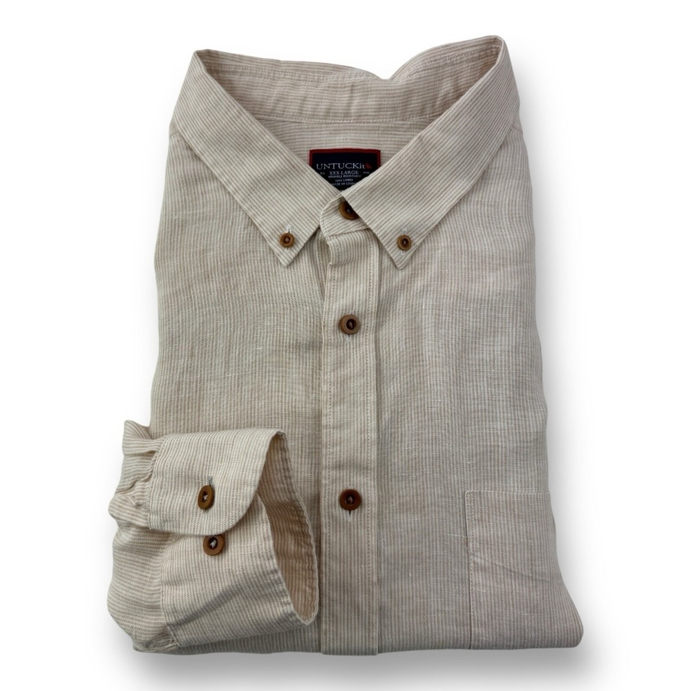 UNTUCKit 3XL Brown & White Striped‎ Pure Linen Long Sleeve Button Down Shirt